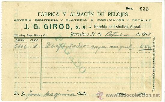 Foto factura fabrica de relojes jg girod 1911 barcelona publicidad foto 123976