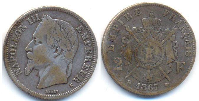 Foto Frankreich: Napoleon Iii , 1852-1870 2 Francs 1867 K Bordeaux foto 410267