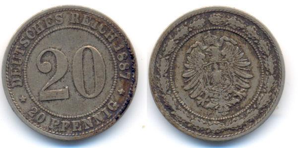 Foto Kaiserreich: Kleinmünzen 20 Pfennig 1887 F foto 178890