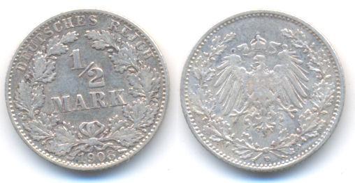 Foto Kaiserreich: Kleinmünzen 1/2 Mark 1908 D