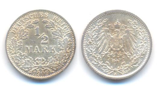 Foto Kaiserreich: Kleinmünzen 1/2 Mark 1909 A