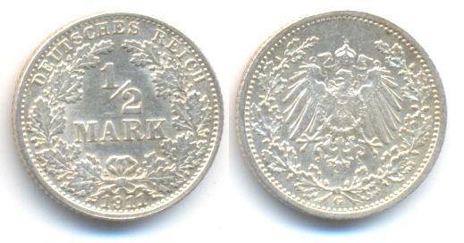 Foto Kaiserreich: Kleinmünzen 1/2 Mark 1911 G