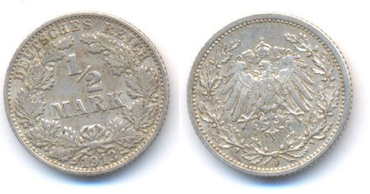 Foto Kaiserreich: Kleinmünzen 1/2 Mark 1913 F