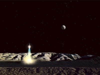 Foto Lámina fotográfica The Earth Hangs in the Low Lunar Sky as a Sleek Moonship Lifts Off from the Lunar Hills, 61x46 in. foto 873320
