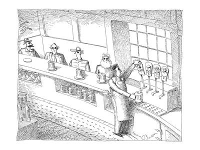 Foto Lámina giclée de primera calidad Bartender uses beer taps that have pictures of his customers on the handles. - New Yorker Cartoon de John O'brien, 30x23 in. foto 665910