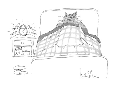 Foto Lámina giclée de primera calidad Cat waking up in bed, reluctantly, to the 'tweet, tweet' sound of its alar… - New Yorker Cartoon de Arnie Levin, 30x23 in. foto 801312
