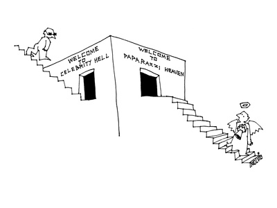 Foto Lámina giclée de primera calidad Paparazzi angel climbing stairs to doorway that reads, 'Welcome To Paparaz… - New Yorker Cartoon de Ariel Molvig, 30x23 in. foto 613458