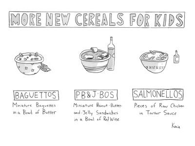 Foto Lámina giclée de primera calidad Three new cereals; Baguettos, PB&J'Bos, and Salmonellos. - New Yorker Cartoon de Zachary Kanin, 30x23 in. foto 674892