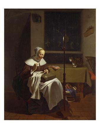 Foto Lámina giclée Woman Doing Needlework by Candlelight de Ludolf de Jonge, 61x46 in. foto 615749