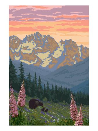 Foto Lámina Spring Flowers and Bear Family Mountains de Lantern Press, 61x46 in. foto 645664
