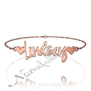 Foto Lindsay - Pulsera de nombre escrito con doble corazon en oro rosa de 14k foto 667053