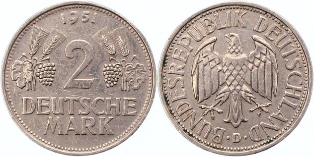 Foto Münzen der Bundesrepublik Deutschland 2 Mark 1951 D