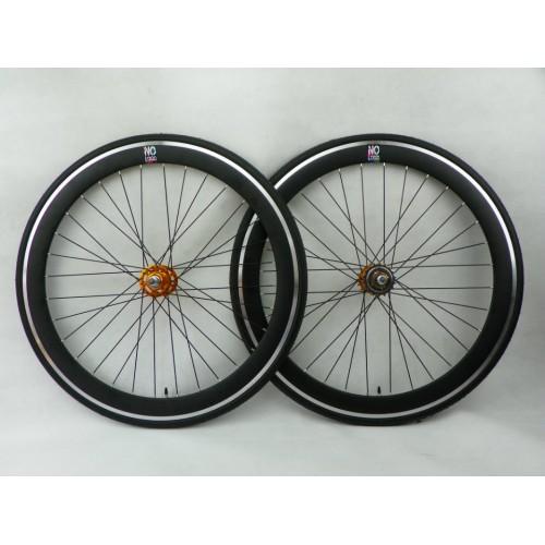 Foto No Logo 50mm 700c Black Track/Fixie Deep V Wheelset - GOLD HUBS + Tyres & Tubes