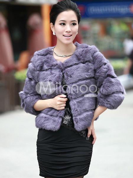 Foto Pelo de conejo de calidad púrpura ronda abrigos de piel de mujer de cuello foto 69349