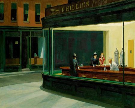 Foto Pintura de Hopper Los Noctámbulos, cuadro realista de New York.