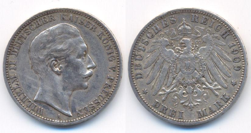 Foto Preussen: Wilhelm Ii , 1888-1918 3 Mark 1909 A