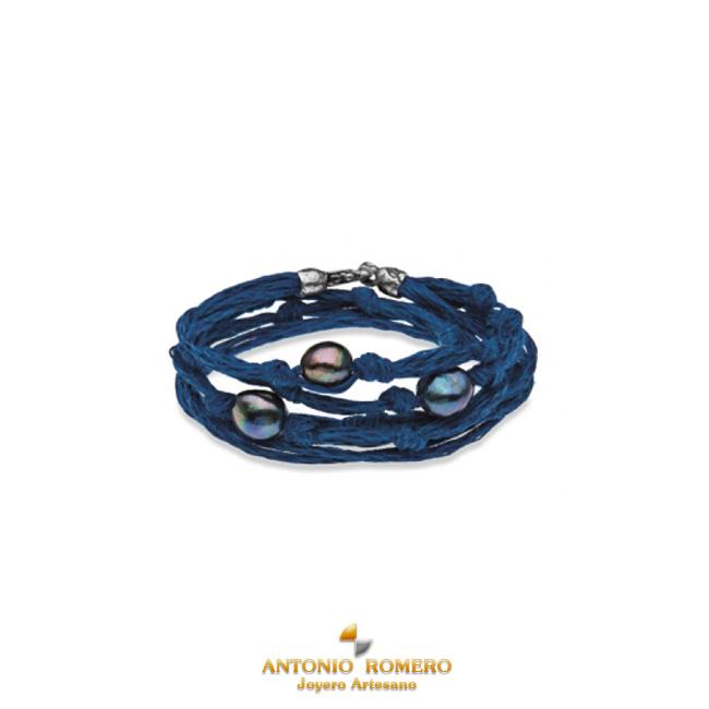 Foto Pulsera Plata de Palo Summertime perlas y yute azul c34a