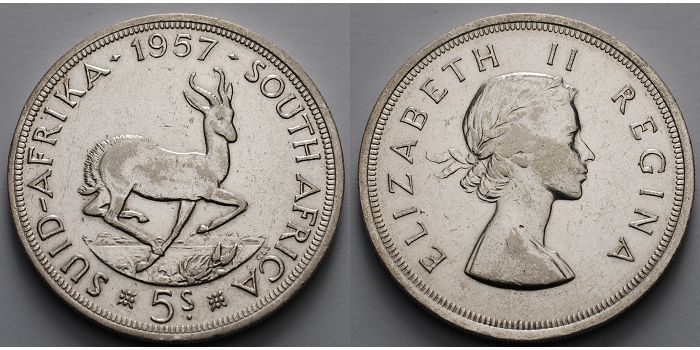 Foto Südafrika 5 Shillings 14,4 g fein 38 mm Ø 1957 foto 257514