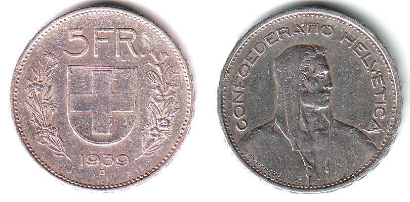 Foto Schweiz 5 Franken 1939 B