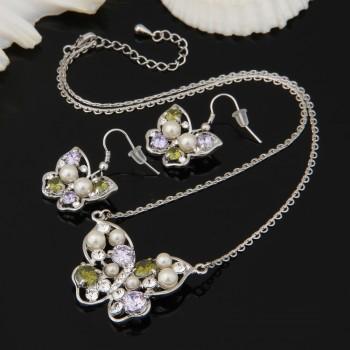 Foto Set Collar Colgante Pendientes Metal Circonita Cristal Perla Imitación