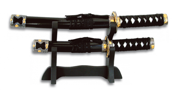 Foto Set de 2 Katanas Toledo Imperial mango encordado y hoja de acero carbono tamaños 17.5 y 11.5 cm con peana 31581 foto 493404