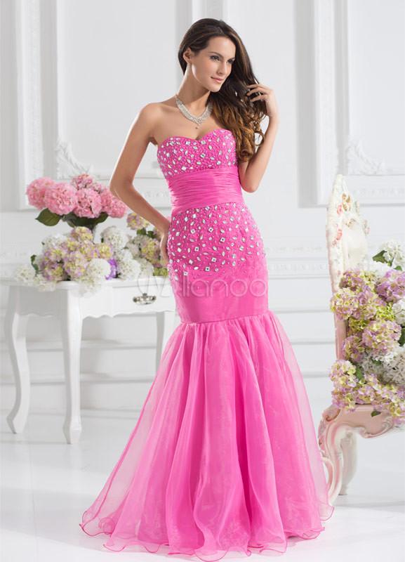 Foto Sirena Organza Rosa Rhinestone novia cuello piso-longitud moda vestido de fiesta foto 881413