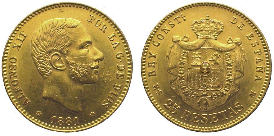 Foto Spanien-Königreich 25 Pesetas Gold 1881