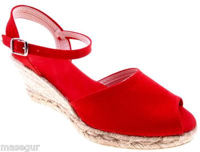 Foto Talla 37. Sandalias Mujer De Cuña. Textil Y Cañamo. Hecho En España. Rojo foto 319046