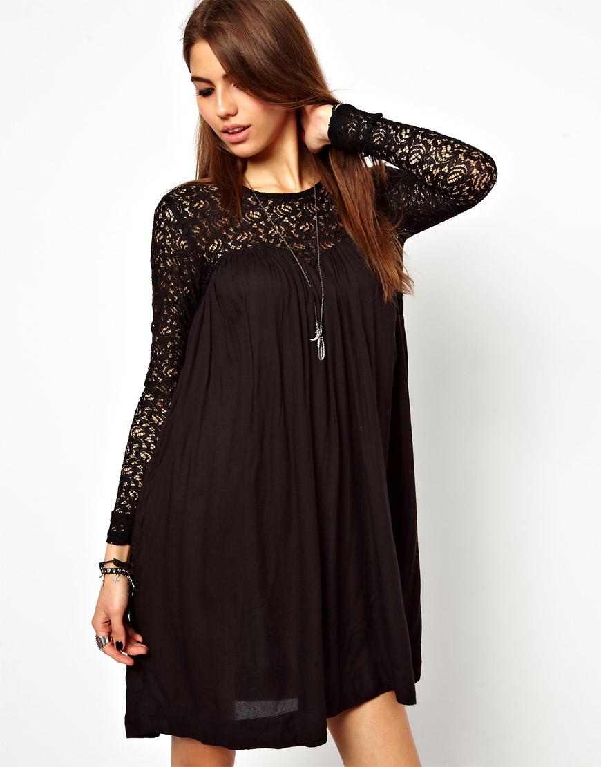 Foto Vestido con vuelo y canesú de encaje de Religion Negro azabache