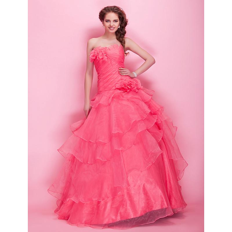 Foto vestido de bola festoneados / Strapless palabra de longitud de organza vestidos de fiesta foto 881405