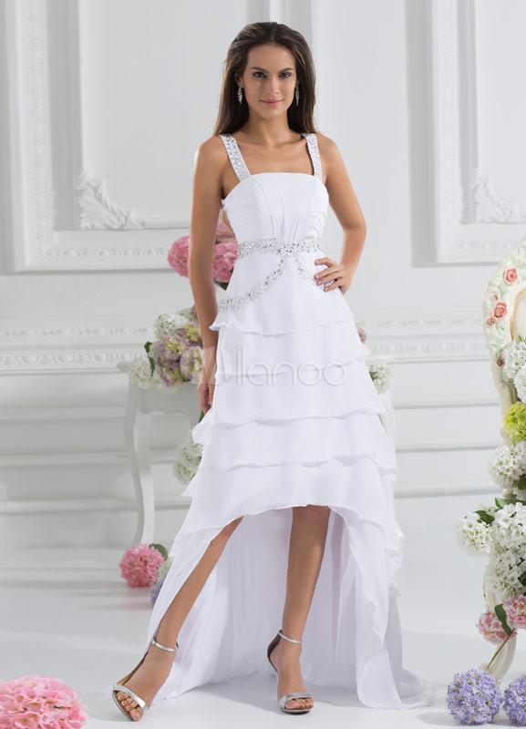 Foto Vestido de fiesta elegante rebordear vestido de gasa blanco correas cuello asimétrico de la moda foto 881420