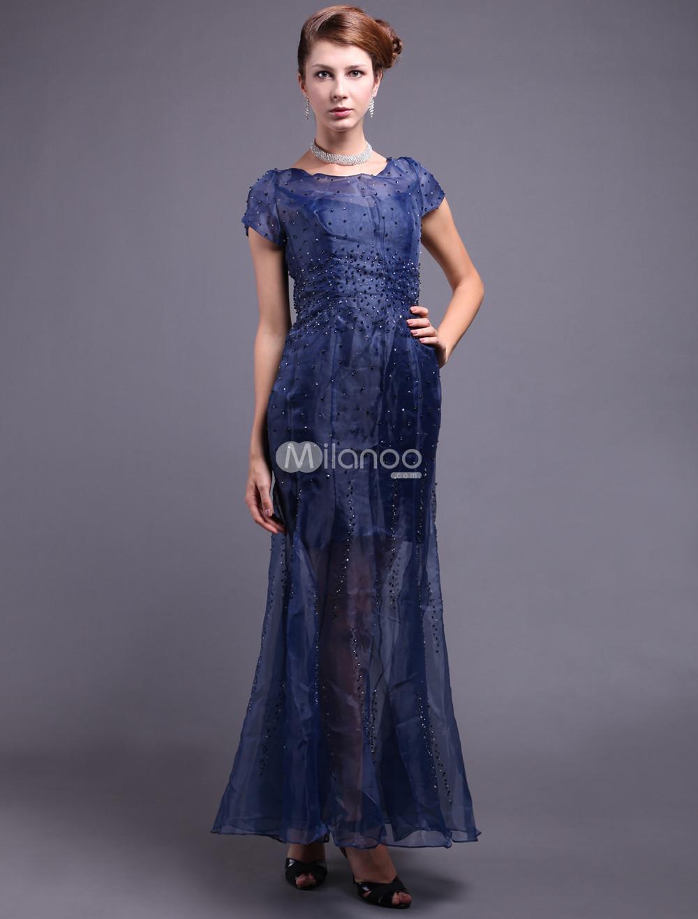 Foto Vestido de noche de color azul real de encaje con escote redondo de línea A hasta el tobillo foto 259433