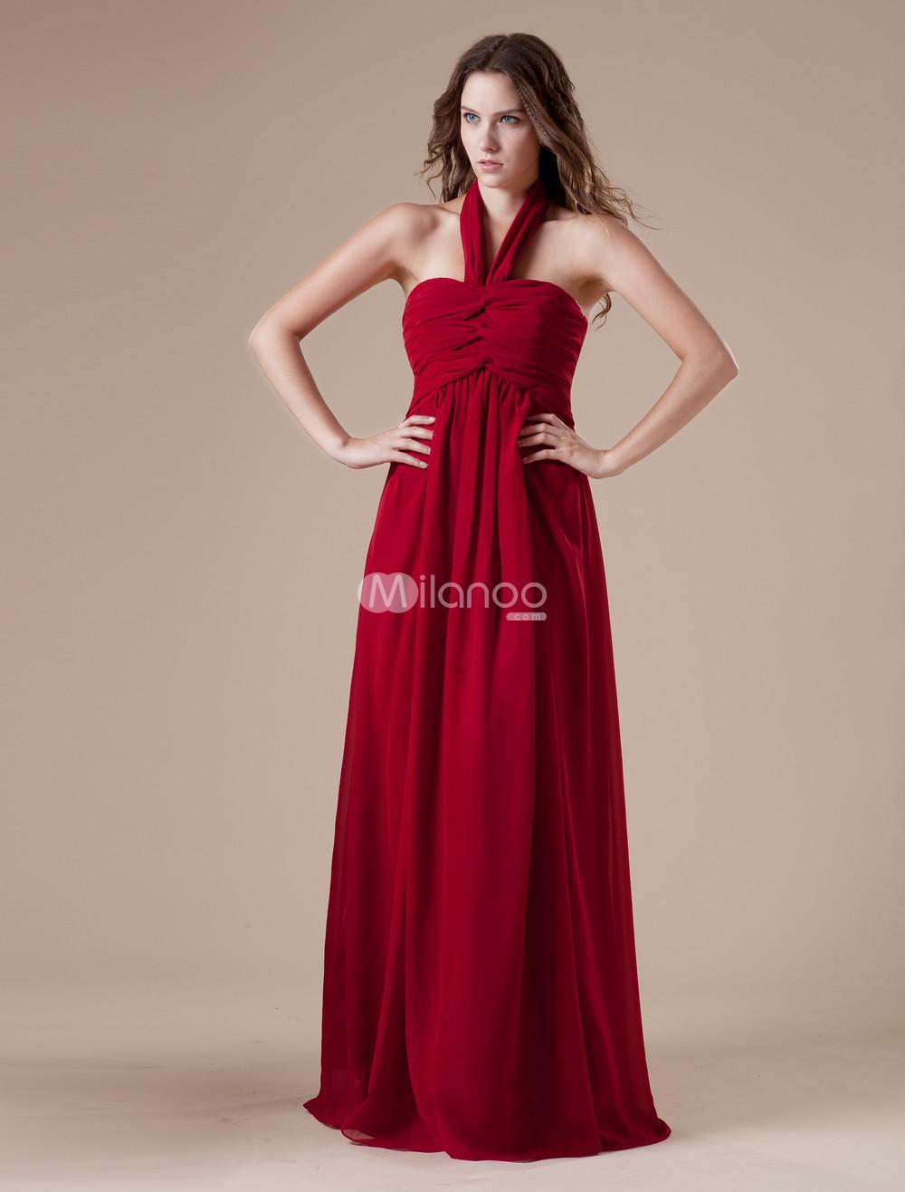 Foto Vestido de noche de color borgoña de satén elástico con escote Halter de línea A hasta el suelo foto 372543
