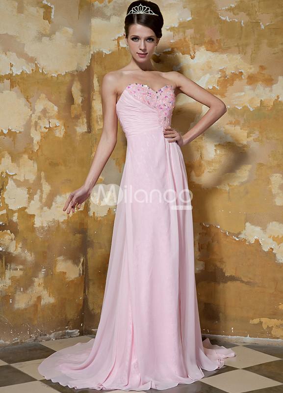 Foto Vestido de noche rosa de gasa con escote de corazón de línea A de cola larga foto 307042