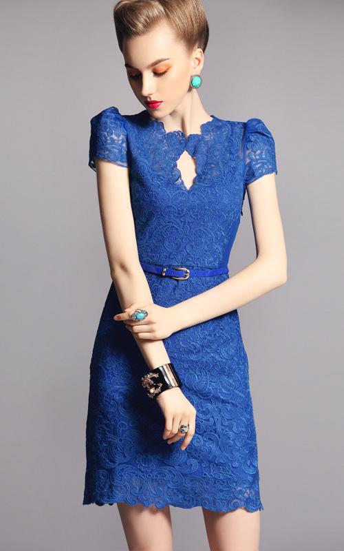 Foto Vestido entallado encaje bordado-Azul foto 918742