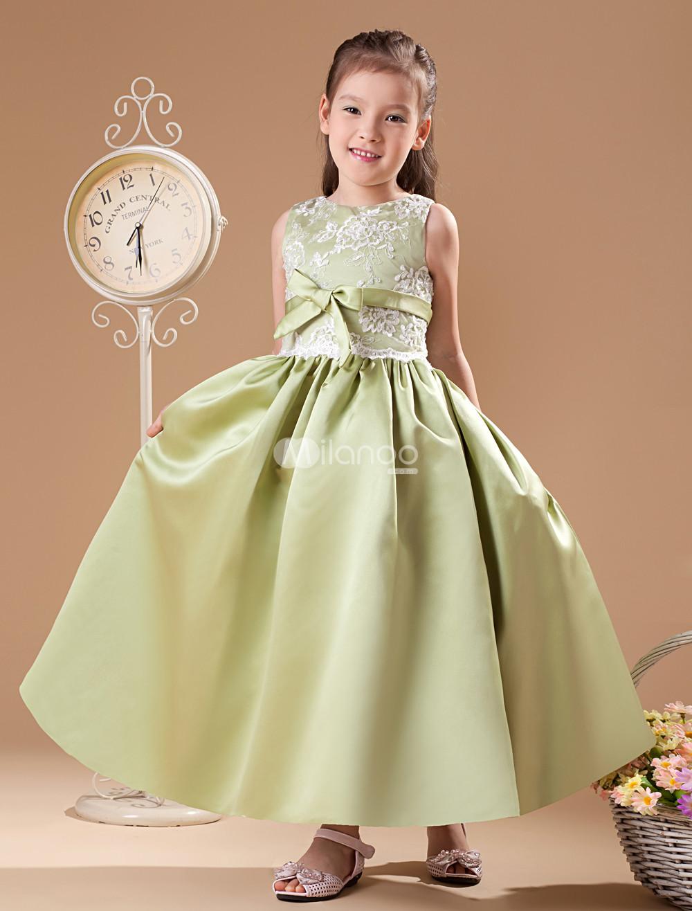 Foto Vestido para damitas verde de satén estilo princesa con escote redondo hasta el tobillo foto 51383