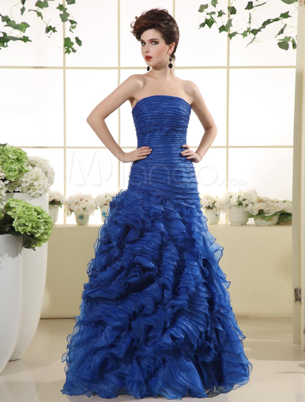 Foto Volantes de Organza azul clásico vestido de noche sin tirantes de la mujer foto 593471
