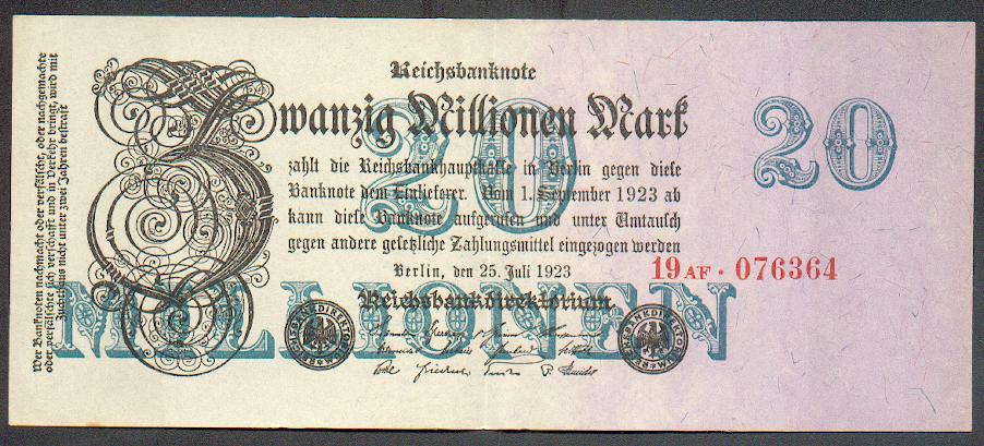Foto Weimar Inflation 20 Millionen Mark 1923