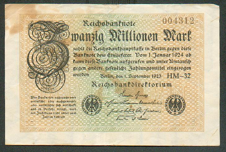 Foto Weimar Inflation 20 Millionen Mark 1923