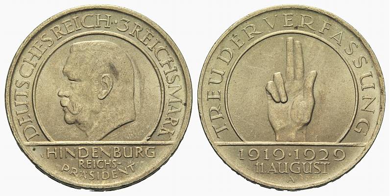 Foto Weimarer Republik: Gedenkmünzen 3 Mark Verfassungstreue 1929 A foto 825023